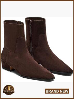 Low Heel Ankle Booties Square Pointed Toe Chunky Heel Side Zipper Dressy Boots
